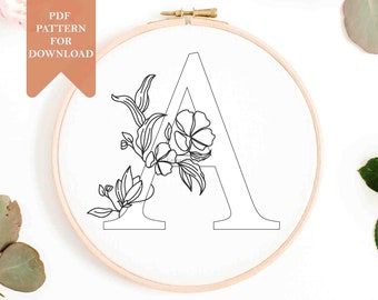 Floral letter embroidery pattern template instant download pdf for transfer initial monogram - One letter only- DIY alphabet hand embroidery