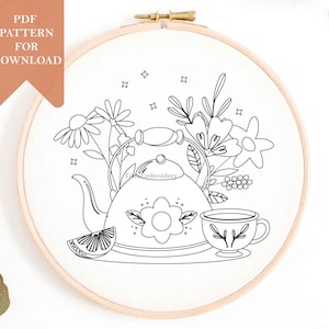 Floral teapot hand embroidery pattern for instant download printable template tea lover gift hoop art wall decor pdf pattern kitchen decor