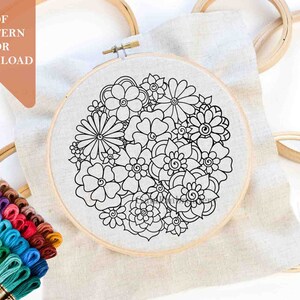 Floral embroidery pattern or KIT pdf for download printable downloadable beginner kids craft flowers template contour colouring for kids