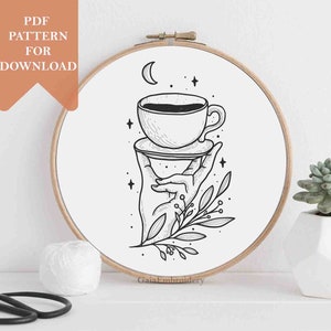 Coffee embroidery pattern coffee lover womans hand floral embroidery modern embroidery template for transfer beginner embroidery design