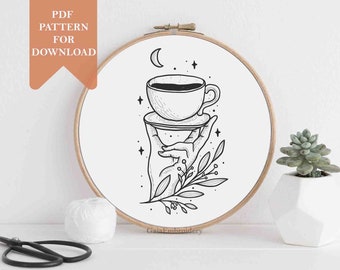 Patrón de bordado de café amante del café mujer bordado floral a mano plantilla de bordado moderno para transferir diseño de bordado principiante