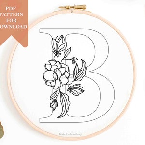 Floral letter embroidery pattern pdf for download B monogram initial hand embroidery digital download printable DIY personalised nursery