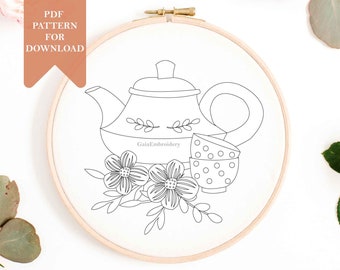 Cute Floral teapot hand embroidery pdf pattern instant download printable modern embroidery design template tea lover gift kitchen decor