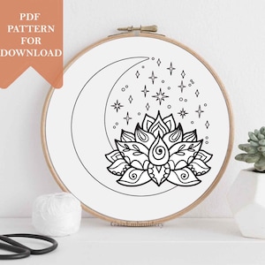 Mystical moon embroidery pdf pattern modern embroidery lotus magical moon celestial hoop wall decor handmade hand embroidery