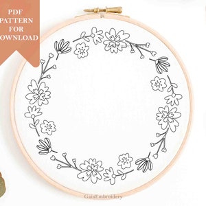 Patrón de corona floral bordado a mano pdf para descarga instantánea plantilla flores marco fácil principiante lindo bordado floral aro decoración