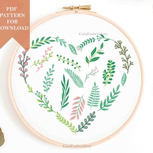 Botanical embroidery pattern pdf for download hand embroidery patterns flowers heart beginner leaves greenery DIY handmade wall decor