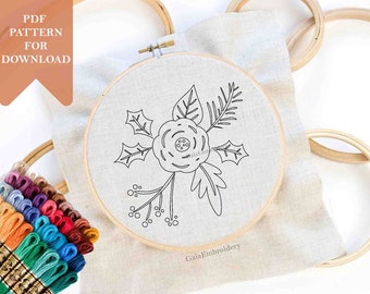 Modelo de padrão de bordado de natal, flor para iniciantes, decoração floral, ornamento, padrão pdf, download instantâneo, impressão digital, faça você mesmo, costurado à mão