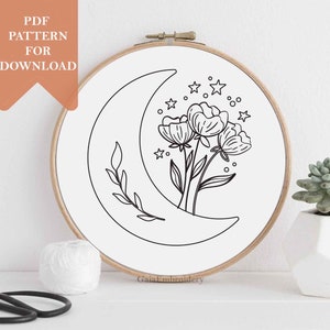Mystical moon embroidery pdf pattern modern embroidery flowers magical moon celestial hoop wall decor handmade hand embroidery