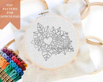 Floral embroidery pattern or KIT pdf for download printable downloadable beginner kids craft flowers template contour colouring for kids