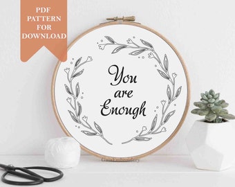 Motivational embroidery pattern pdf download "You are enough" beginner leaves wreath botanical garland DIY wall decor gift  hand embroidery
