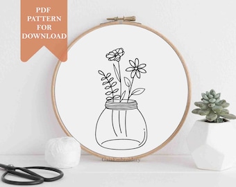 Botanical embroidery pattern floral embroidery flowers in jars flowers in bottles hand embroidery template digital pattern instant download