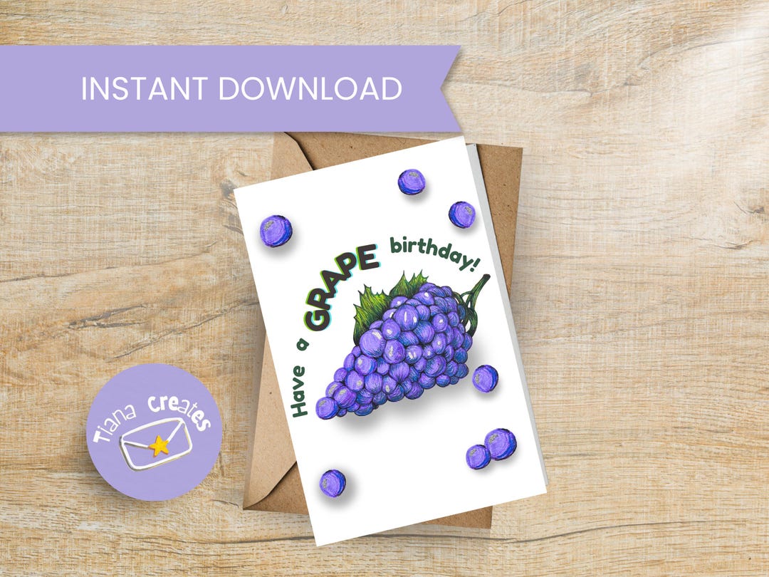 Grape Birthday Card, Purple Illustration, Cut and Fold (digital ...