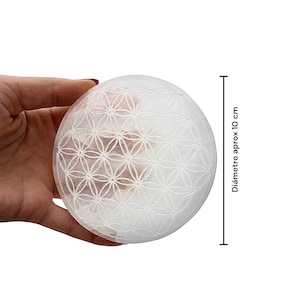 Può includere: Oggetto sferico bianco con motivo floreale, tenuto in mano. Il diametro è di circa 10 cm. L'oggetto è realizzato in un materiale traslucido e presenta un design dettagliato inciso sulla superficie.