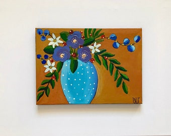 青い鳥の油絵、かわいい静物画、モダンな室内装飾（8 x 6インチ
