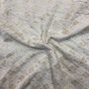 White Geometric Floral Lakhnavi Embroidered Dyeable Viscose Georgette Fabric