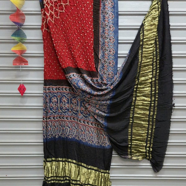 Handcrafted Pure Gajji Silk dupatta For Navratri | Ajrakh with Bandhani Dupatta for women