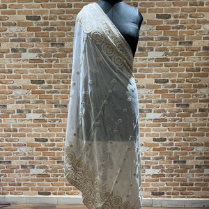 White Dyeable Lakhnavi Embroidered Pure Viscose Georgette Dupatta | Dupatta for Women | Wedding Dupatta