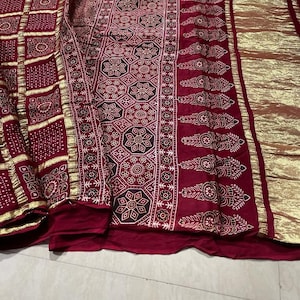 Ajrakh handblock Chex printed modal silk saree