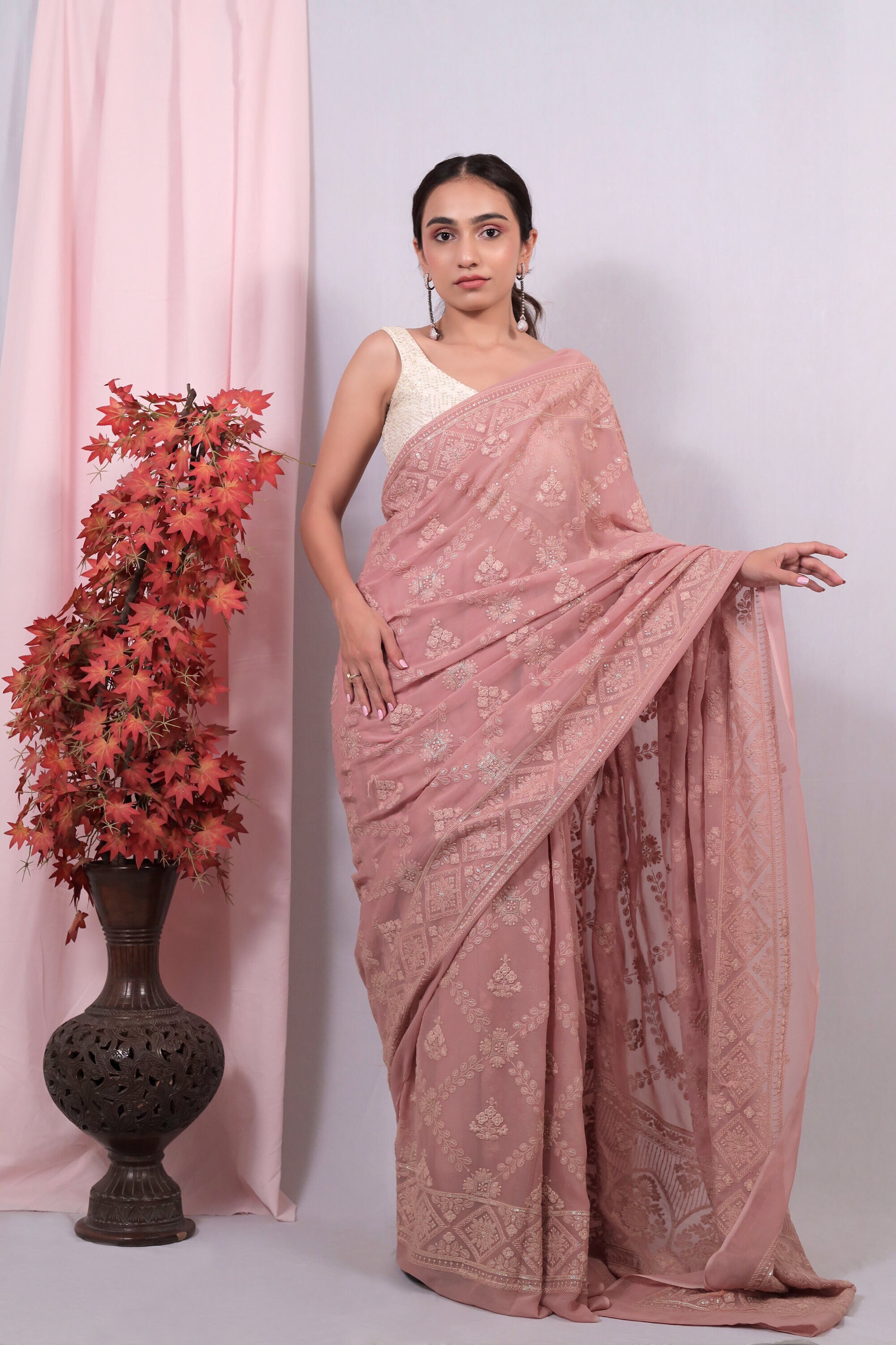 Women's Lakhnavi Handcrafted Tussar Silk Chikankari Saree - HONC0289386