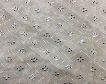 White Floral Mirror Work Embroidered Dyeable Pure Georgette Fabric