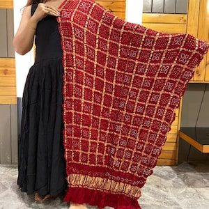 Reddish Maroon Handcrafted Pure Gajji Silk dupatta, Bandhani Dupatta for women