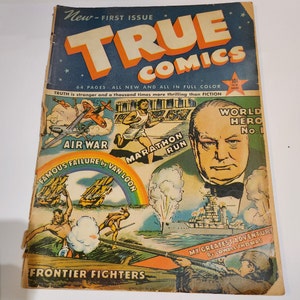 Första numret av True Life Comics! Denna vintageserietidning handlar om Winston Churchill, olympiska maratonhistorier, andra världskrigets stridsflygplan och mer.