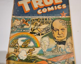 Erste Ausgabe von True Life Comics! Dieses Vintage-Comicbuch zeigt Winston Churchill, die Geschichte des olympischen Marathons, Kampfflugzeuge aus dem Zweiten Weltkrieg und mehr.