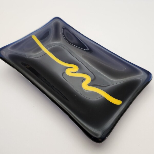 Deep blue and yellow fused glass candy/soap dish