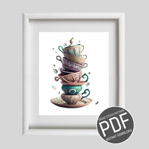 Peut inclure: Une pile de six tasses à thé et soucoupes dans différentes nuances de bleu, vert et marron avec des motifs complexes. Les tasses sont empilées de manière précaire, la tasse du haut étant légèrement inclinée. Les tasses sont sur un fond blanc.