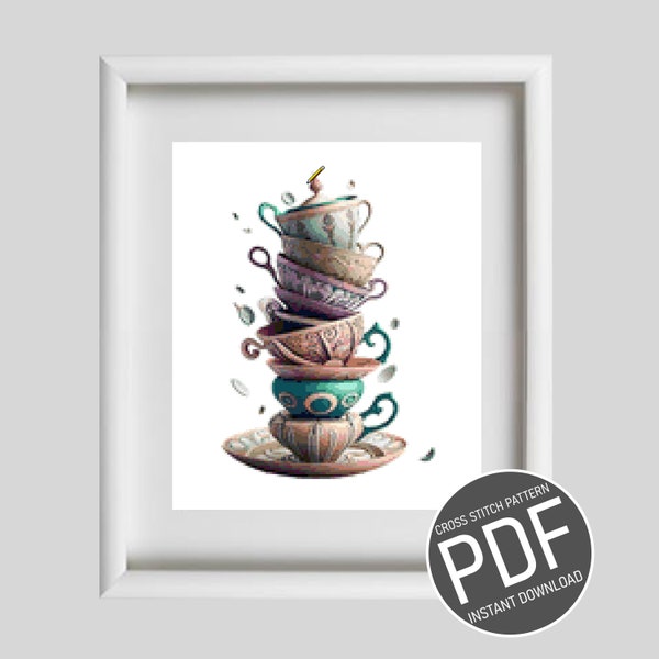 Cross Stitch Pattern Tea And Cafe Cups In Balance / Grille point de croix motif Tasses en équilibre