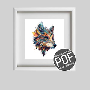 Peut inclure: Un motif de point de croix coloré d'une tête de loup avec des détails complexes. Le motif est disponible en téléchargement PDF. CROSS STITCH PATTERN PDF INSTANT DOWNLOAD