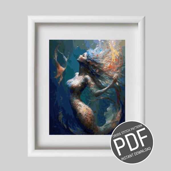 Cross Stitch Pattern Ocean Mermaid / Grille point de croix motif Sirène Océan