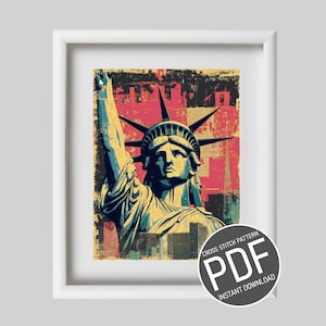 Peut inclure: Un modèle de point de croix représentant une illustration vintage de la Statue de la Liberté dans des tons de bleu, vert et jaune sur un fond rouge, blanc et noir. Le modèle est disponible en téléchargement numérique au format PDF.