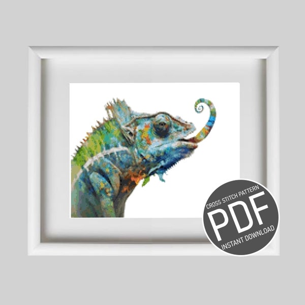 Cross Stitch Pattern Multicolored Chameleon / Grille point de croix moderne motif Caméléon Multicolore