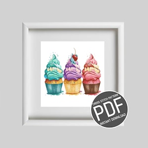 Patrón Punto de Cruz: Cupcake Trio / Esquema punto de cruz Patrón Cupcake Trio