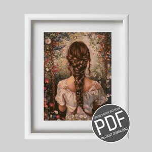 Peut inclure: Un modèle de point de croix représentant une femme aux longs cheveux bruns assise sur une balançoire dans un jardin. Le modèle est disponible en téléchargement PDF.
