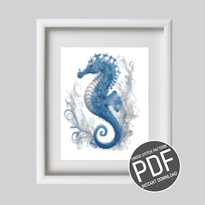 Peut inclure: Un motif de point de croix bleu et blanc d'un hippocampe avec des détails complexes. Le motif est disponible en téléchargement numérique au format PDF. Motif de point de croix PDF Téléchargement instantané