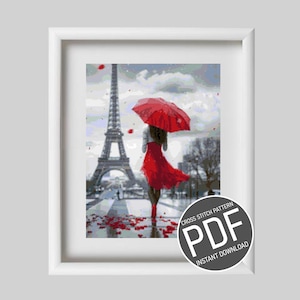 Può includere: Una donna con un vestito rosso e un ombrello rosso cammina davanti alla Torre Eiffel a Parigi. Petali rossi sono sparsi sul terreno.