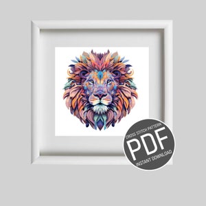 Peut inclure: Un motif de point de croix coloré d'une tête de lion avec un design géométrique. Le motif est disponible en téléchargement PDF.