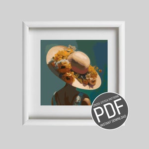 Peut inclure: Un modèle de point de croix en téléchargement PDF représentant une femme portant un grand chapeau à larges bords orné de fleurs jaunes. Le chapeau est de couleur crème et l'arrière-plan est bleu sarcelle.