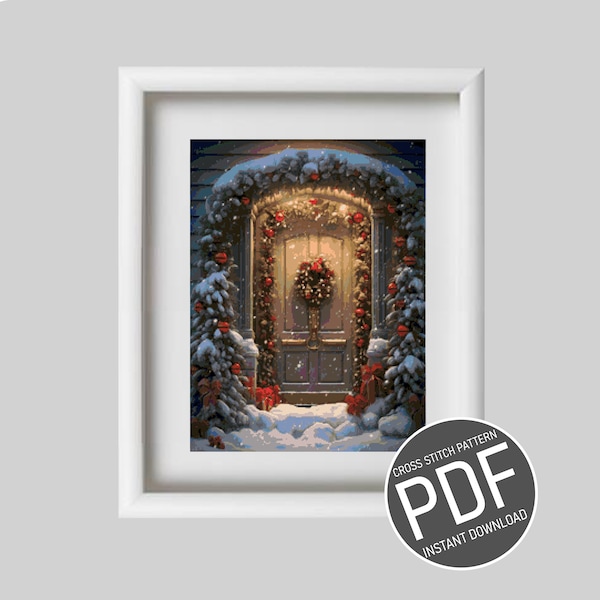 Cross Stitch Pattern Christmas Door / Grille point de croix motif Porte de Noël