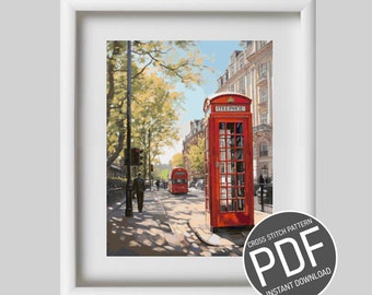 May include: A red telephone booth with the text "TELEPHONE" on the front, located on a street in London, England. The booth is surrounded by trees and buildings. A red double-decker bus is driving down the street in the background.