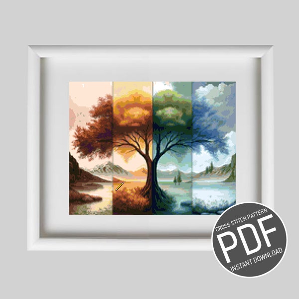 Patrón de punto de cruz: El árbol de las cuatro estaciones / Gráfico de patrón de punto de cruz Árbol de las cuatro estaciones