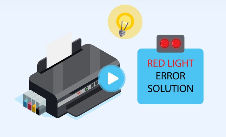 May include: A black printer with a white sheet of paper in the tray. The printer has a blue play button and a red light on the front. A blue sign with the text "RED LIGHT ERROR SOLUTION" is on the right side of the image.