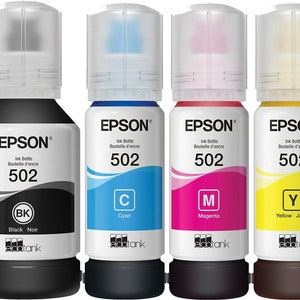 May include: Four Epson EcoTank ink bottles, black, cyan, magenta, and yellow, with the text "Ink Bottle Bouteille d'encre 502" on each bottle.