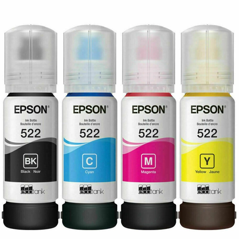 May include: Four Epson EcoTank ink bottles, black, cyan, magenta, and yellow, with the text "Ink Bottle Bouteille d'encre 522" and the color abbreviation on each bottle.
