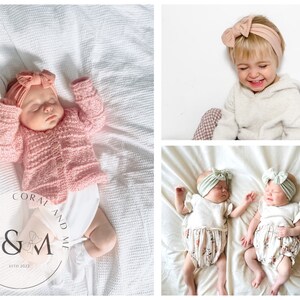 K&ouml;nnte beinhalten: Drei Babys tragen rosa und gr&uuml;ne Stirnb&auml;nder mit Schleifen. Die Babys liegen auf wei&szlig;en Decken. Das Bild enth&auml;lt den Text "Coral and Me" und "C&M estd 2022".