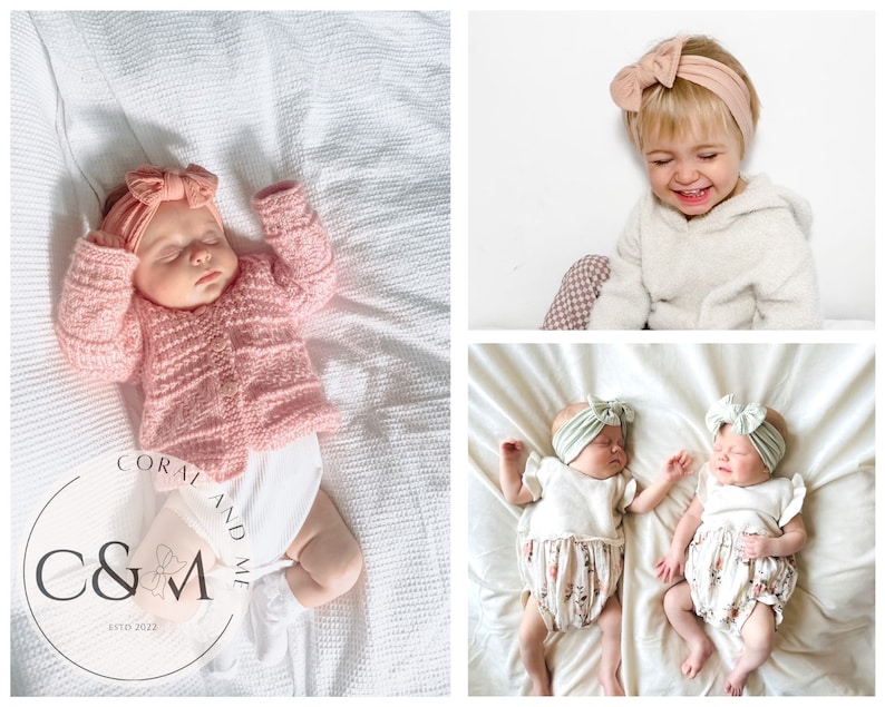 K&ouml;nnte beinhalten: Drei Babys tragen rosa und gr&uuml;ne Stirnb&auml;nder mit Schleifen. Die Babys liegen auf wei&szlig;en Decken. Das Bild enth&auml;lt den Text "Coral and Me" und "C&M estd 2022".
