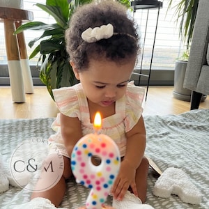 May include: A young child wearing a pink and white striped dress and a white headband with a bow, looking at a lit candle shaped like the number nine with colorful polka dots. The candle is on a gray and white patterned surface.