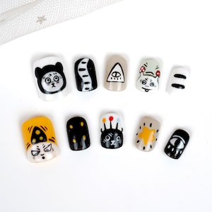 Press On Nails, Custom Kawaii Long Nails, Hand Painted Graffiti Nails, Cute Fun Colorful Gel Nail,  Adorable Art Nails, Y2K Emo Nails